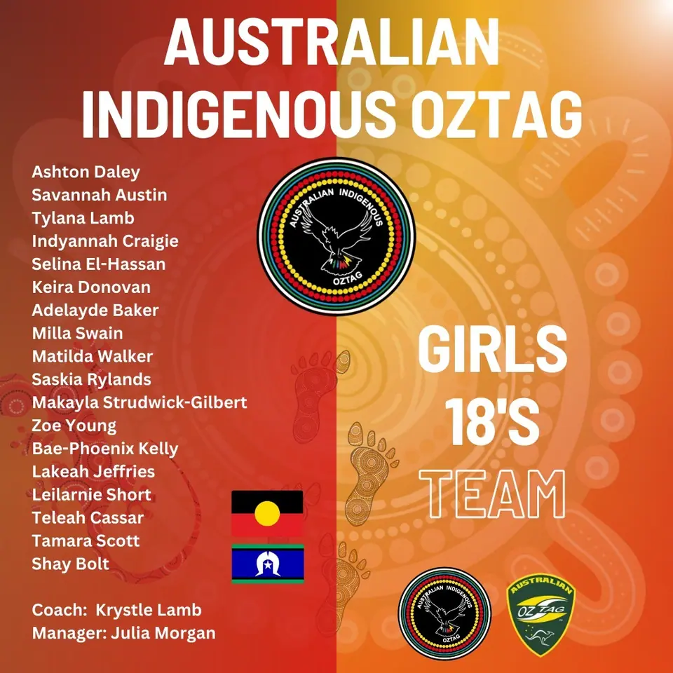 AIO Girls 18's 2025 team announcement card listing the players